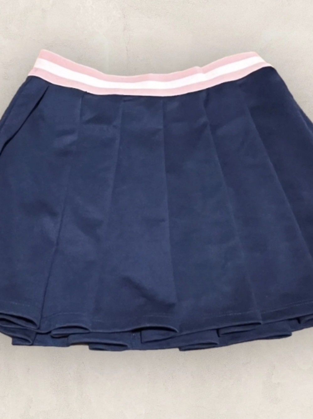Navy Pleated Skirt with Pink & White Stripe Waistband